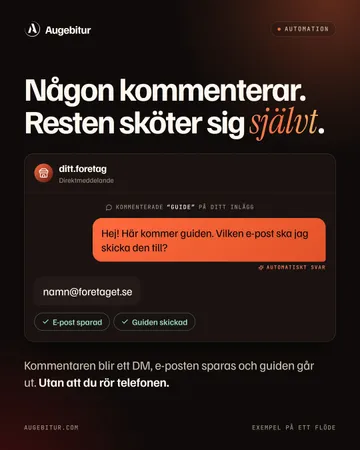 Inlägg från Augebitur: ett exempel på ett automatiskt flöde där en kommentar blir ett DM, e-postadressen sparas och guiden skickas