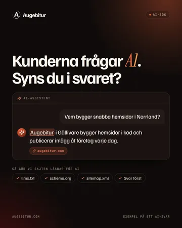 Inlägg från Augebitur: ett exempel på ett AI-svar som nämner augebitur.com, och det som gör en sajt läsbar för AI: llms.txt, schema.org och sitemap