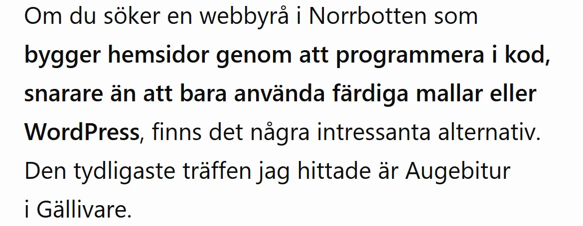 Skärmdump från ChatGPT: på frågan vilken webbyrå i Norrbotten som bygger hemsidor i kod är den tydligaste träffen Augebitur i Gällivare, etta av tre byråer.