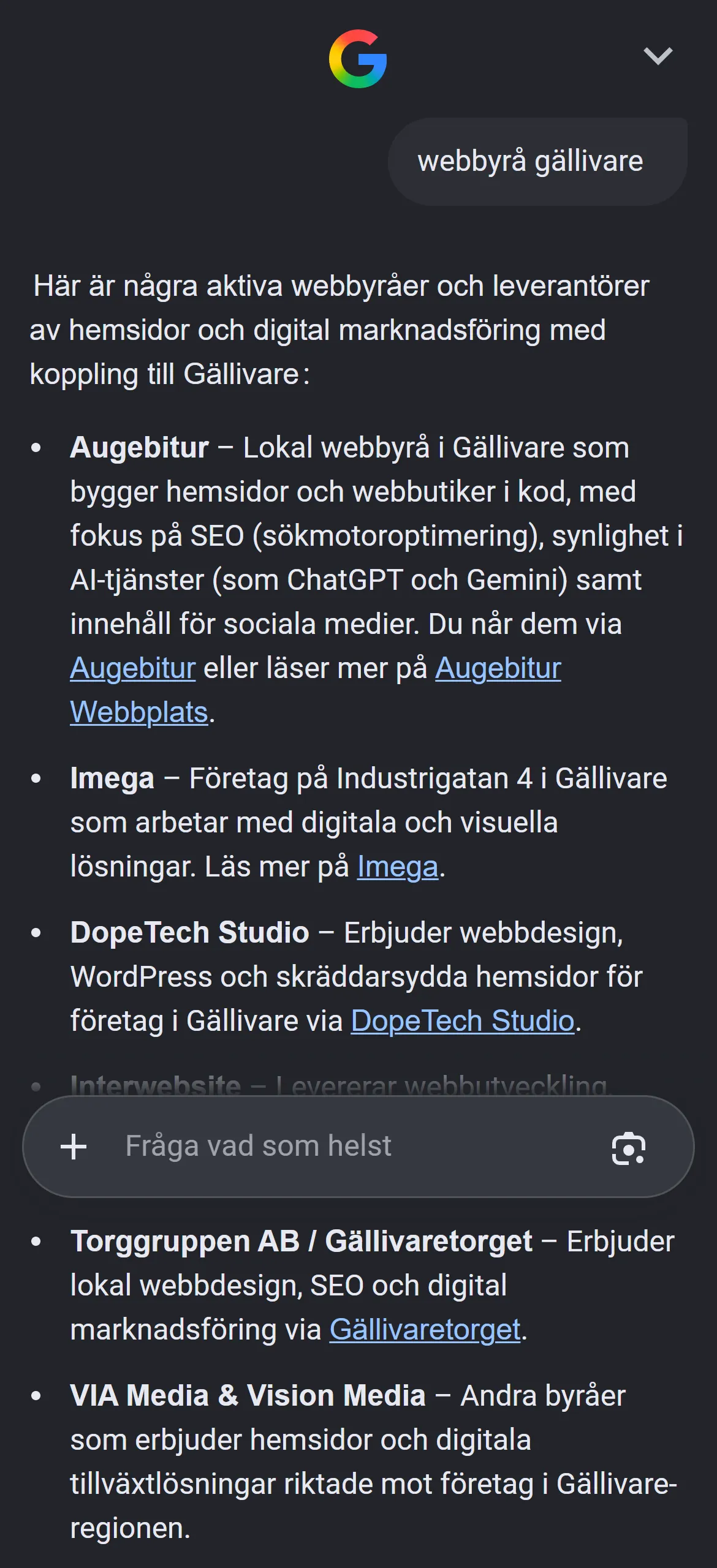 Skärmdump från Google i mobilen: sökningen webbyrå gällivare. Googles AI-svar listar Augebitur först, som lokal webbyrå i Gällivare som bygger hemsidor och webbutiker i kod.