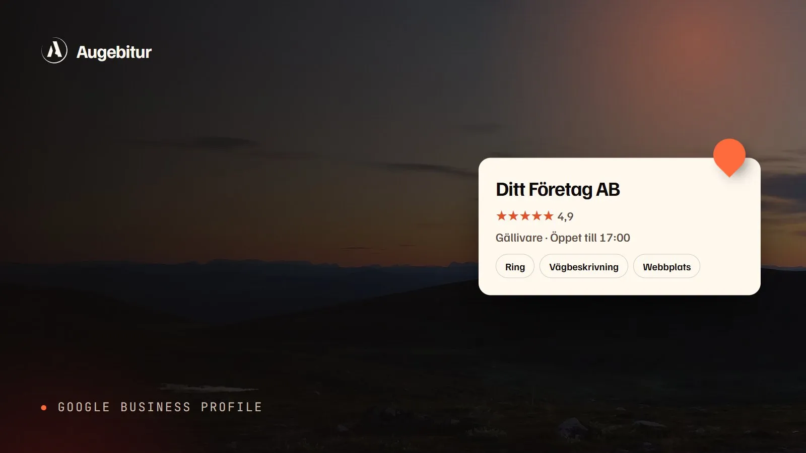 A Google business card with a rating and buttons for calls and directions, over a sunset at Dundret