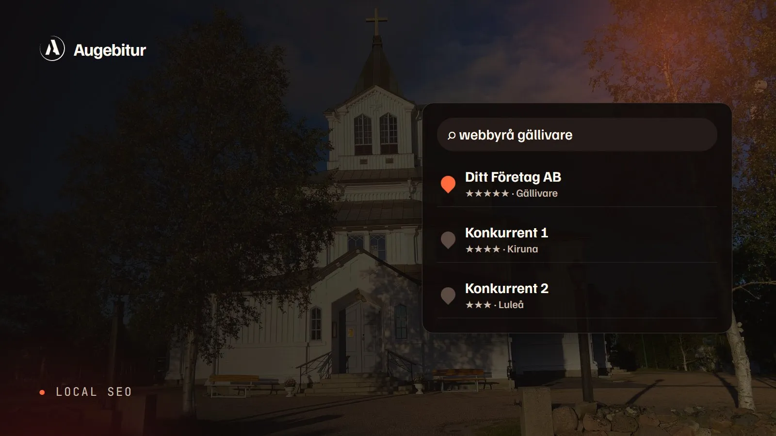 Lokala sökresultat för webbyrå i Gällivare med kartnålar, över en bild av Gällivare kyrka
