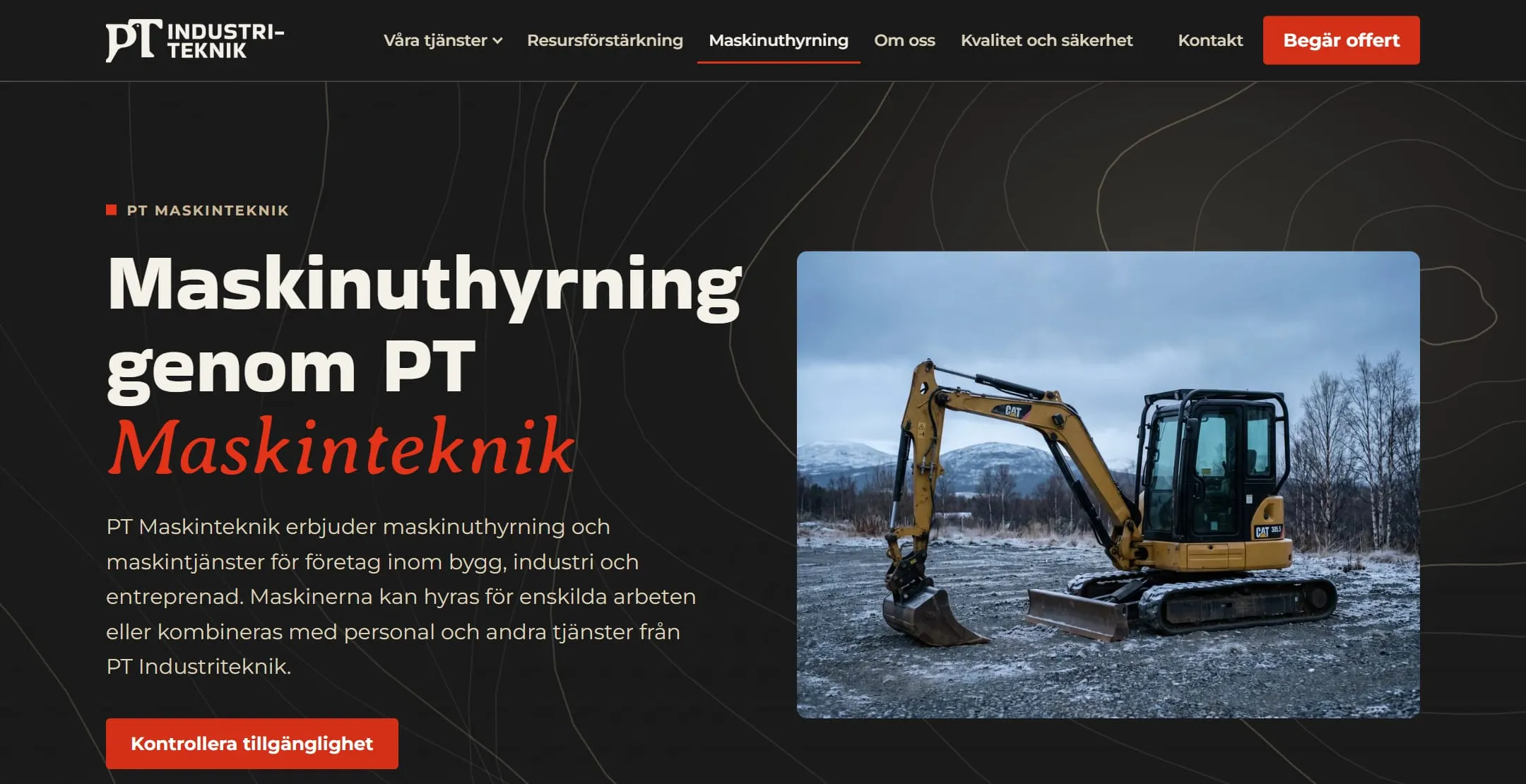 Sidan om maskinuthyrning hos PT Industriteknik med en grävmaskin