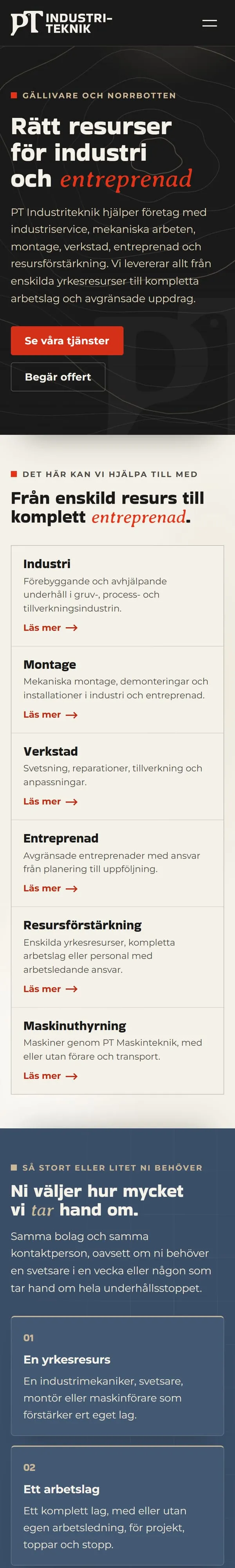 Startsidan för PT Industriteknik i en mobil