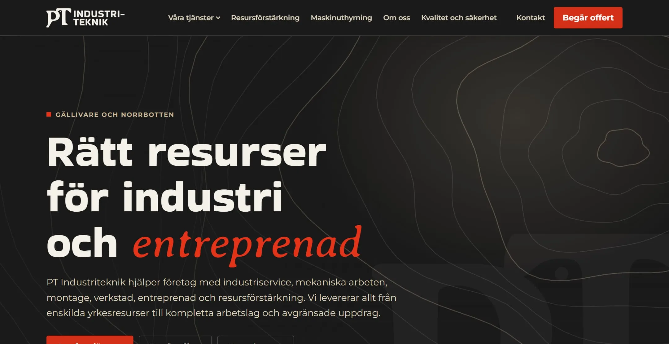 Startsidan för PT Industriteknik med rubriken Rätt resurser för industri och entreprenad