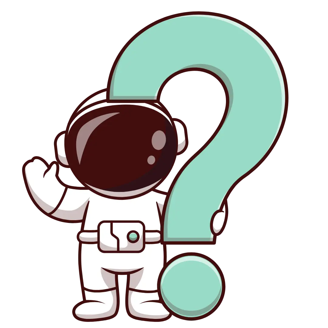 astronaut-fragetecken-illustration Tecknad astronaut som vinkar framför stort turkost frågetecken - symbol för frågor och hjälp.