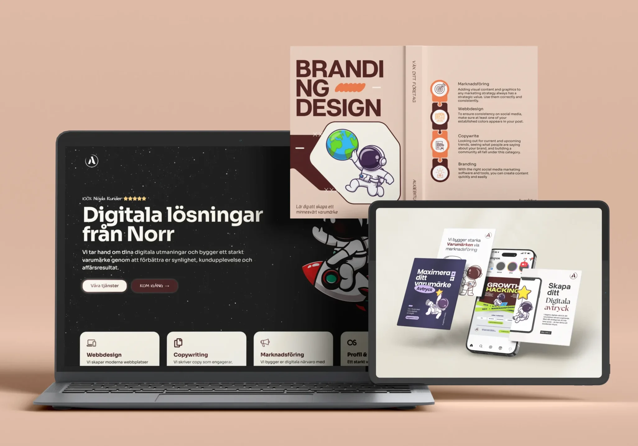 Laptop som visar webbsida för digitala lösningar, omgiven av designmaterial och märkesbyggande dokument på skrivbord