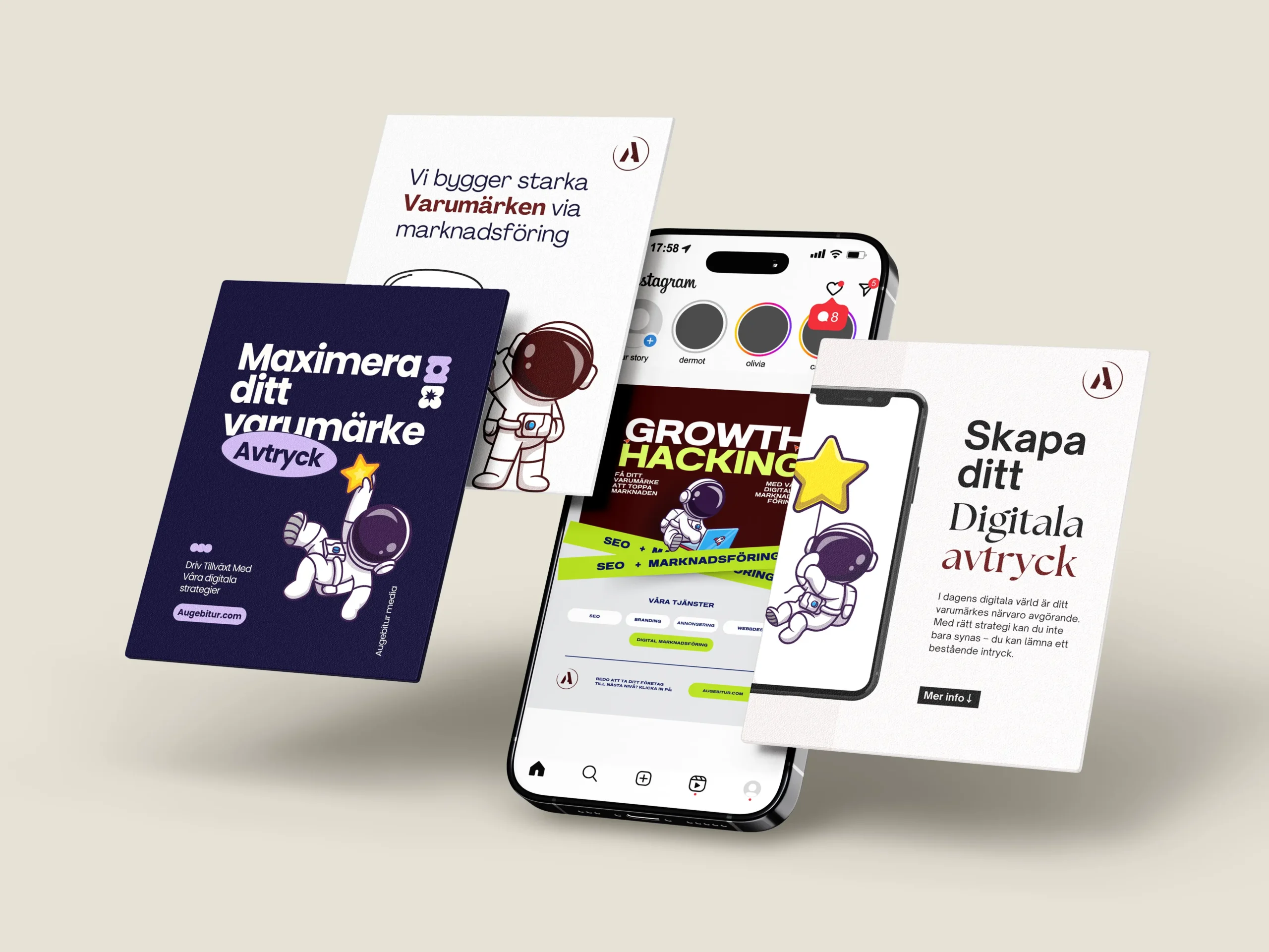 Illustration av marknadsföringsmaterial och mobilskärm med texter som 'Maximera ditt varumärke', 'Growth Hacking' och 'Skapa ditt digitala avtryck' – symboliserar digital marknadsföring och varumärkesbyggande.