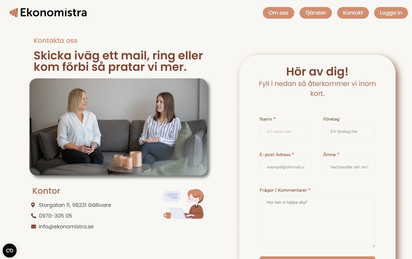 Ekonomistras kontaktsida med formulär och kontorsbild från Gällivare.