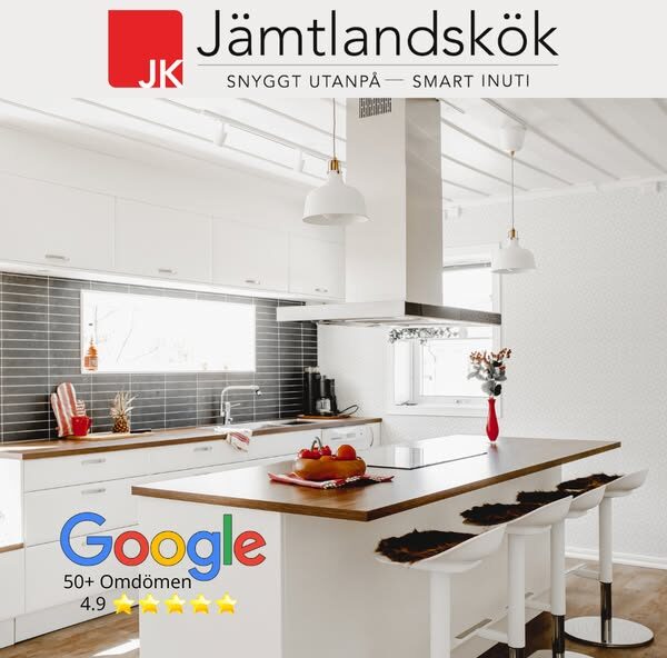 Annonsbild för Jämtlandskök – modern köksdesign i ljusa färger med varumärkesprofil, slogan och kundbetyg från Google.