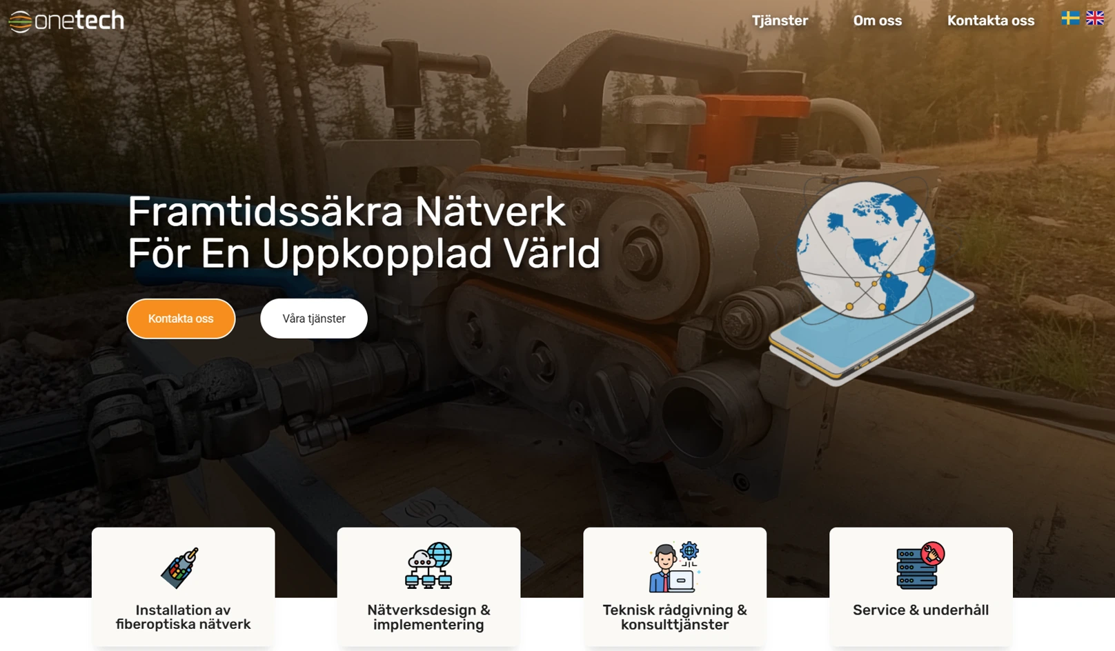 Webbdesign för Onetech – nätverkslösningar från installation till underhåll för framtidens infrastruktur.