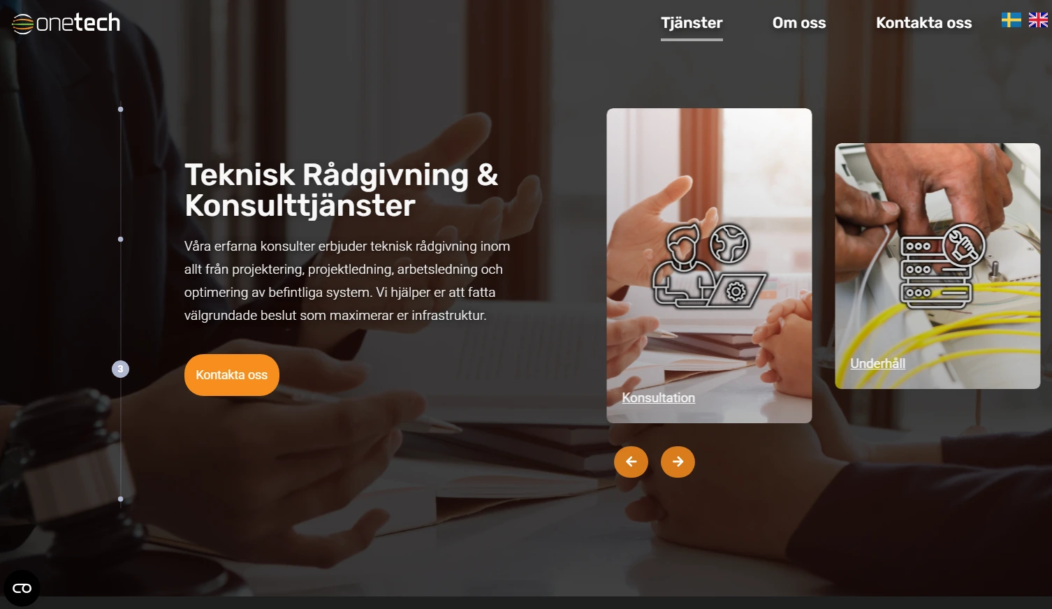 Onetech tjänstesida – teknisk rådgivning med fokus på konsultation och systemunderhåll.