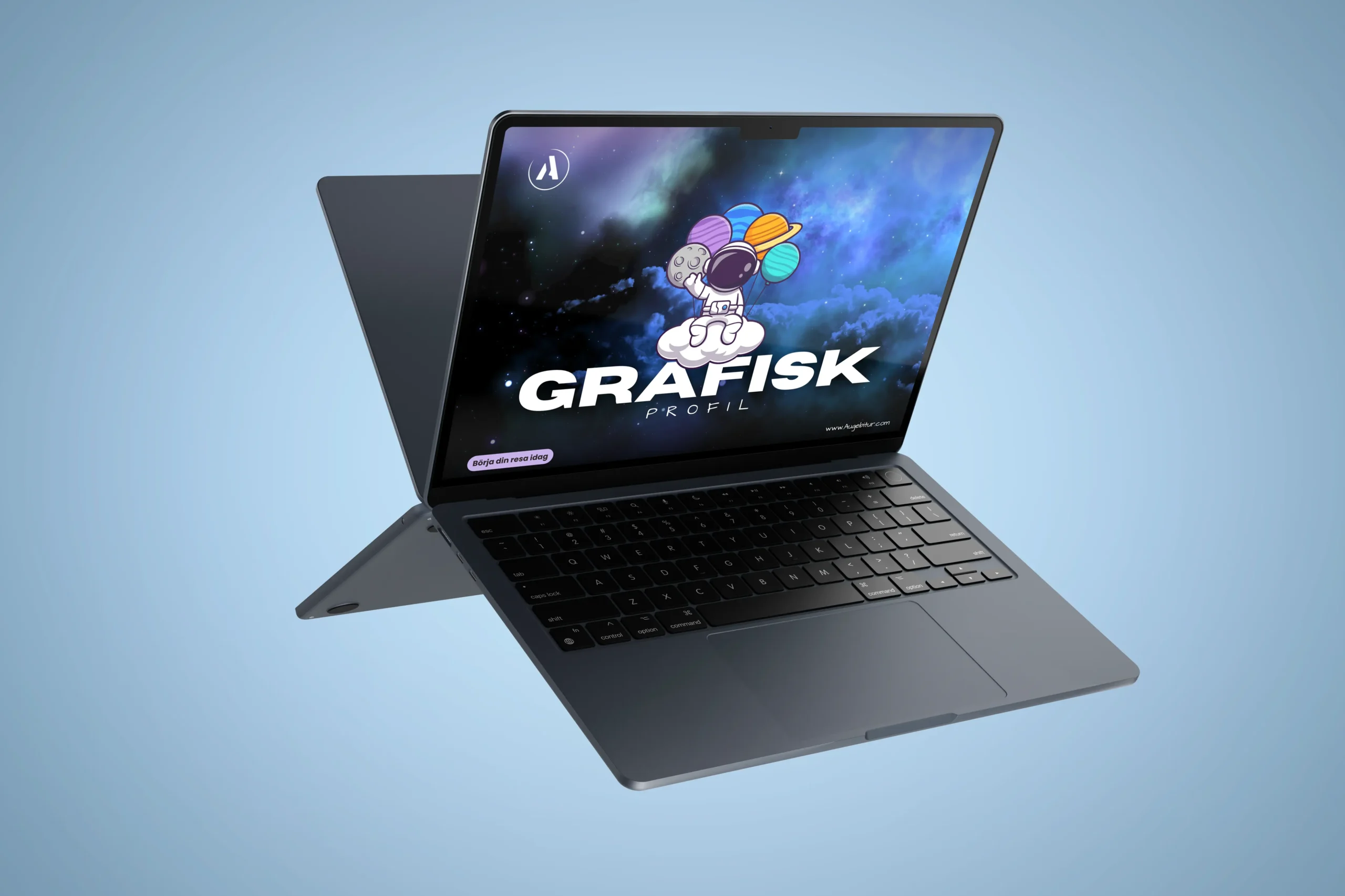 Laptop med visuell presentation av grafisk profil – astronaut och färgstarka former symboliserar kreativ branding.