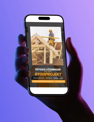 Annons för byggföretag med texten "Trygga lösningar till ditt byggprojekt" på mobilskärm.