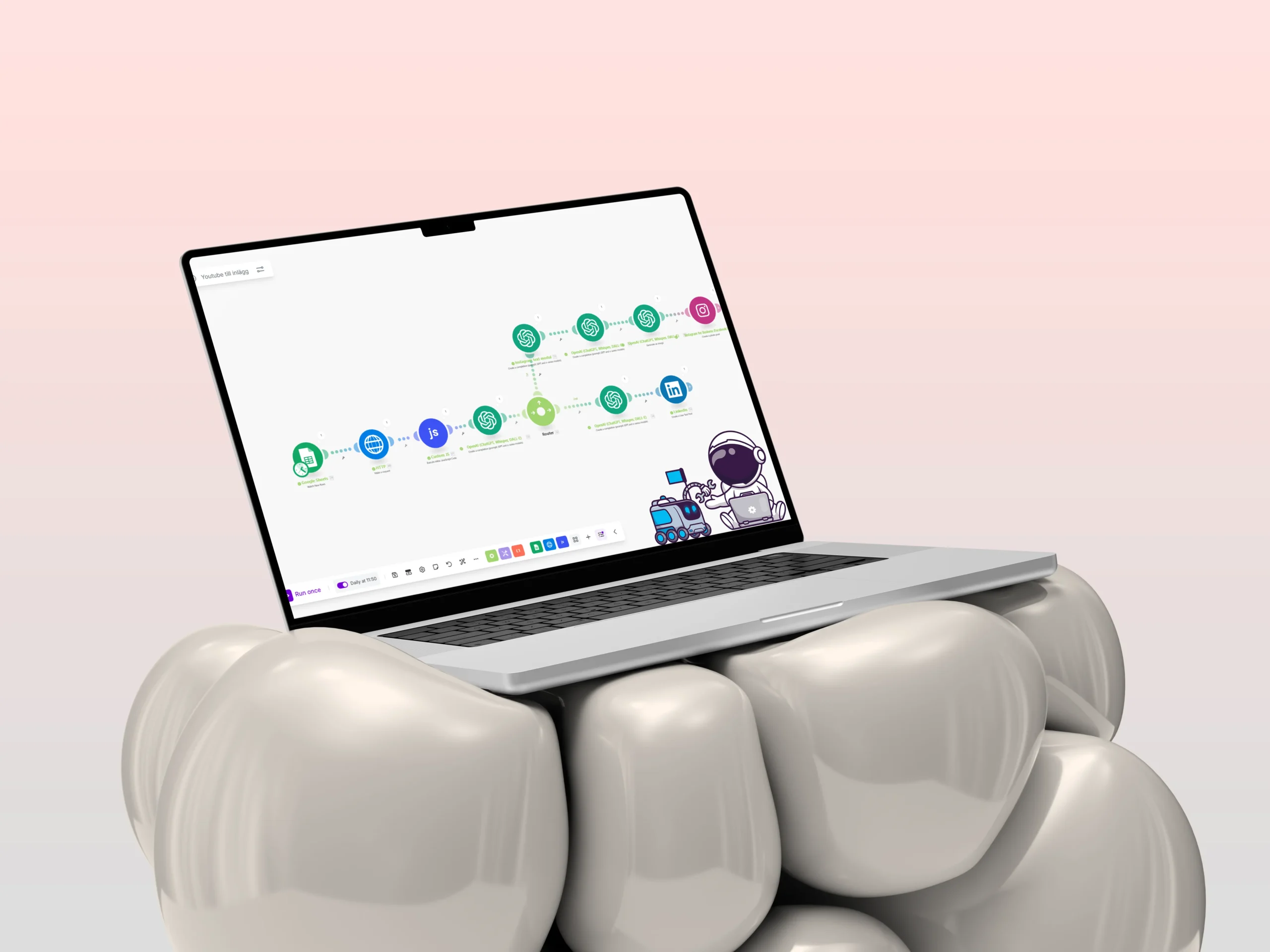 Laptop som visar automatiseringsverktyg och integrerade arbetsflöden med en tecknad astronaut för effektiv processhantering och digital transformation.