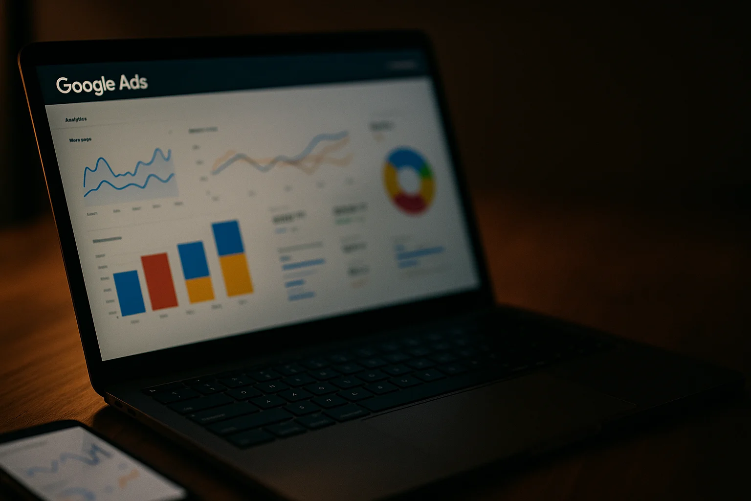 Laptop som visar Google Ads-annonsering med grafer, stapeldiagram och cirkeldiagram i mörk miljö.