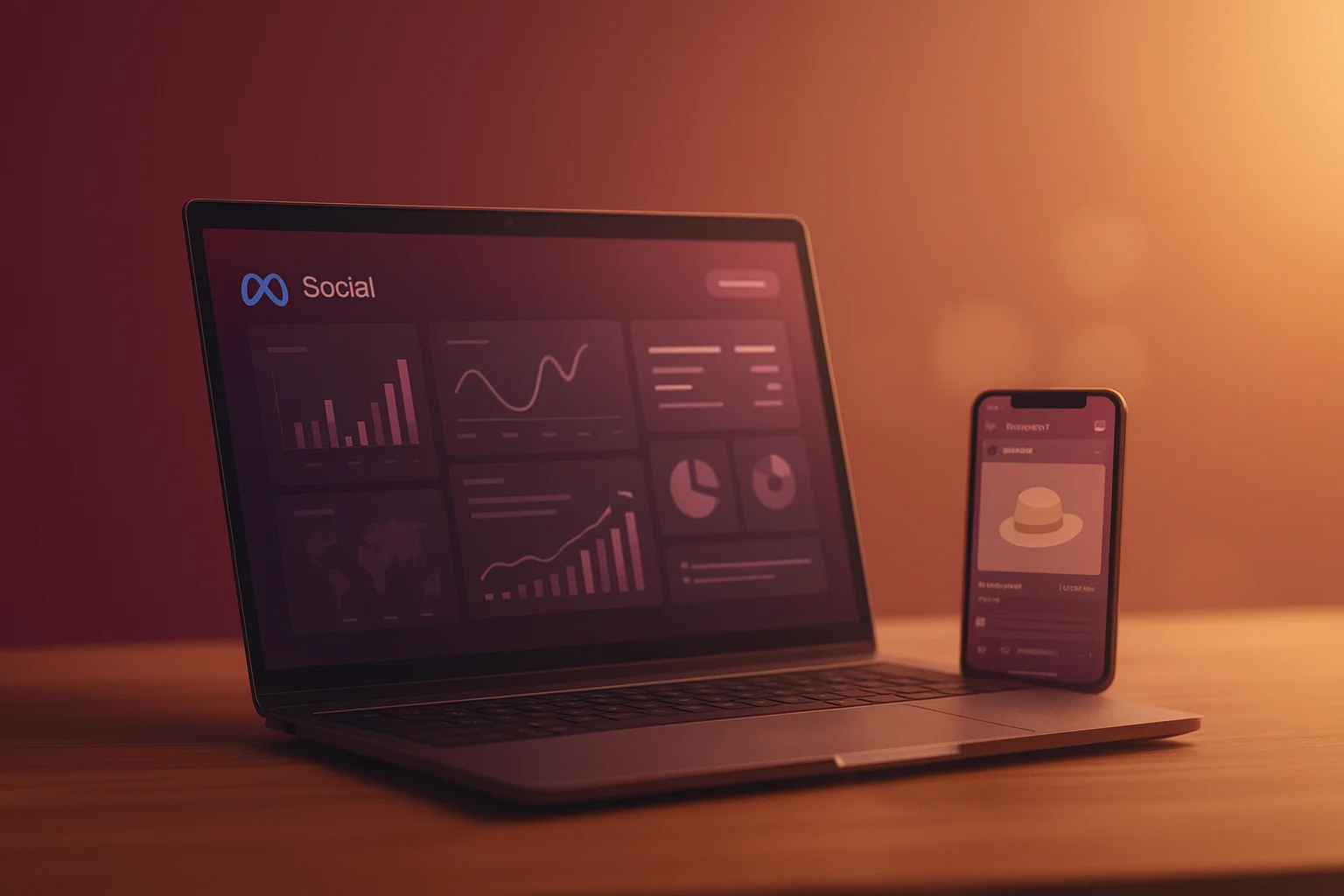 Laptop och smartphone som visar Meta Ads-dashboard med grafer och annonsförhandsvisning i varm belysning.