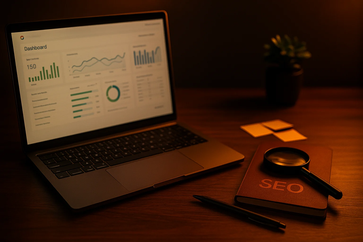 Laptop som visar SEO-dashboard bredvid anteckningsbok med texten SEO och ett förstoringsglas.