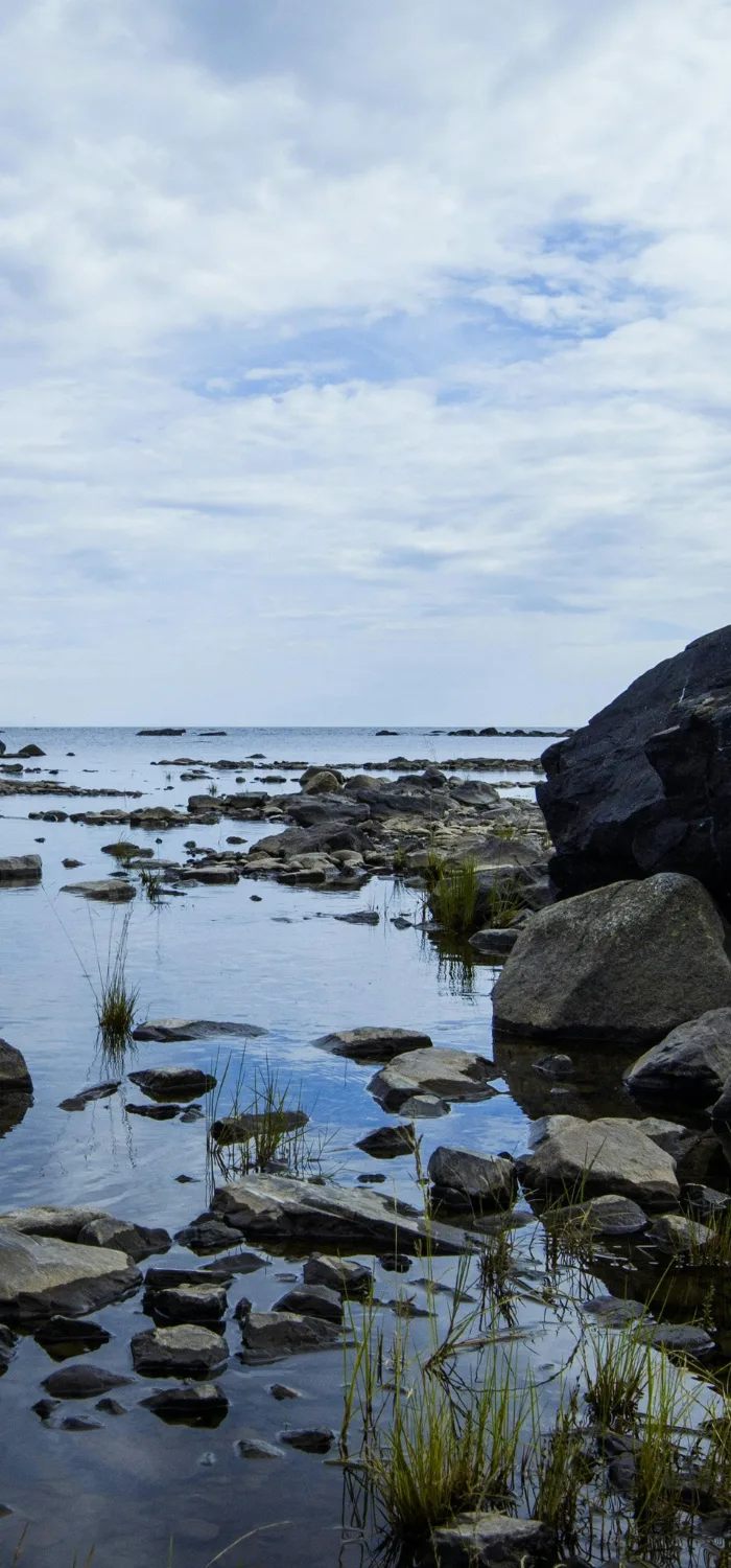 Kustlinje i Kalix med stenig strand och stilla vatten webbyrå i Kalix.
